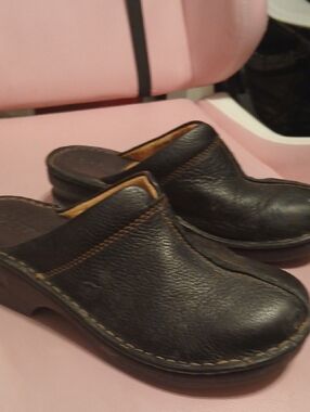 Born Black Leather Slip-On Clogs with Tan Trim
